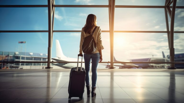 Jeune femme vue de dos dans un terminal d’aéroport, valise à roulettes à la main, regardant un avion au loin à travers la baie vitrée.