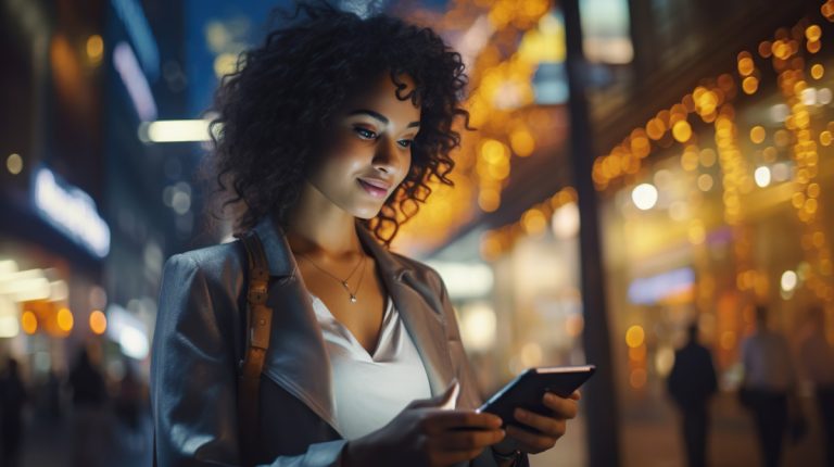 Femme souriante utilisant un smartphone dans une rue animée, éclairée par des lumières de Noël.